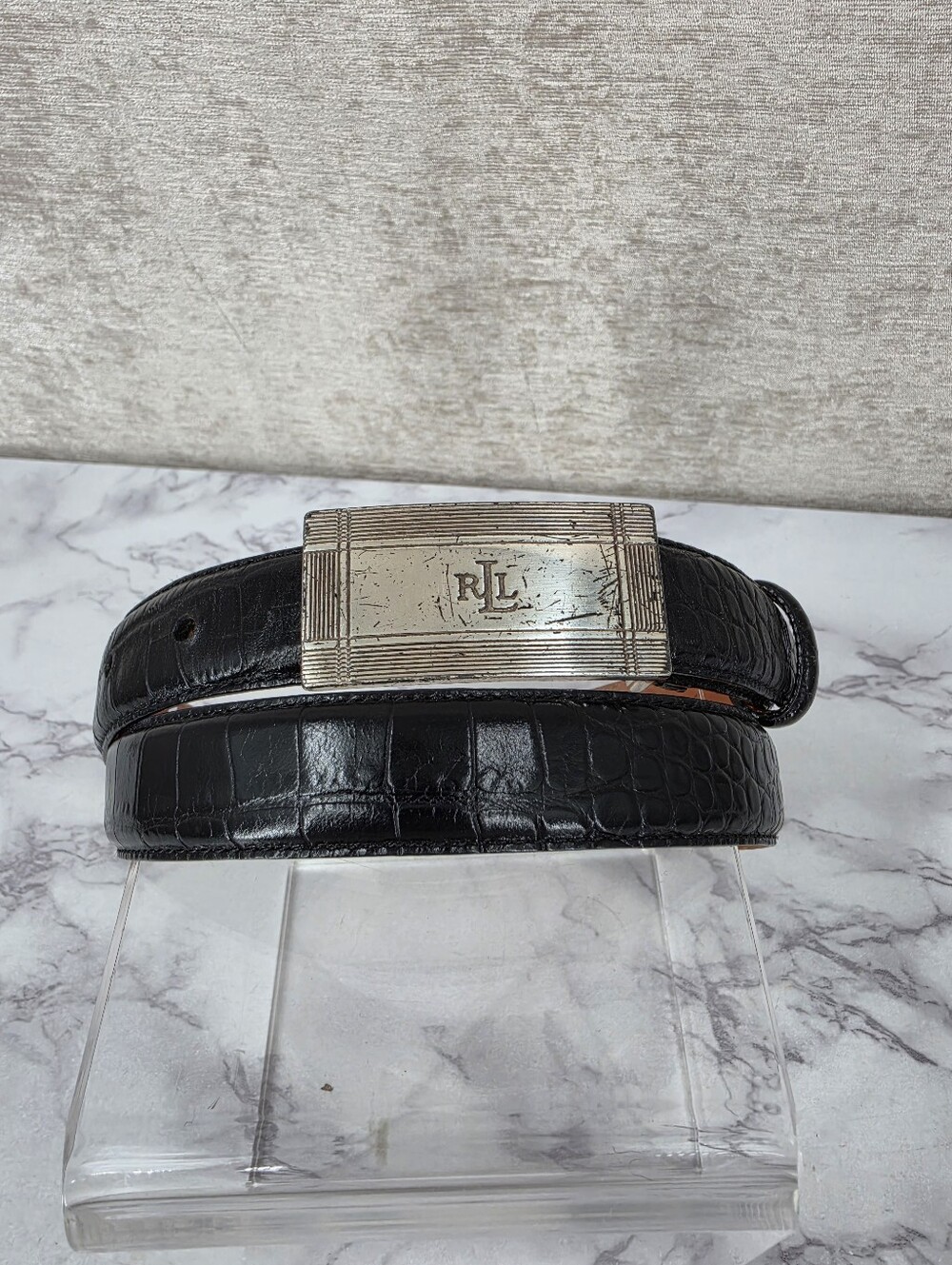 Lauren Ralph Lauren Black Leather Croc Embossed Belt Silver Tone Logo Buckle